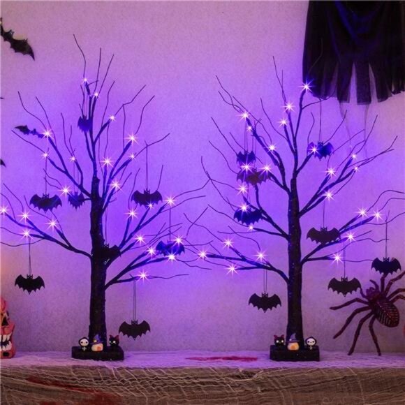 New 2 Pack Halloween Decorations, 2FT Black Halloween Tree with 24 Purple Lights - Picture 1 of 7